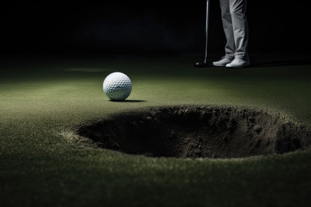A golf ball strategically placed on the green, positioned closely by the hole, awaiting the next stroke, golf player putting golf ball into hole, AI Generatedの素材