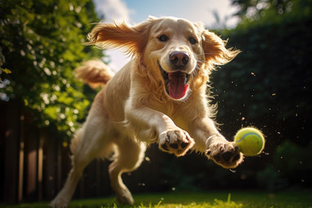 A dog leaps into the air with excitement and agility, catching a tennis ball mid-flight, Golden Retriever dog engaged in play with a ball in the garden, AI Generatedの素材