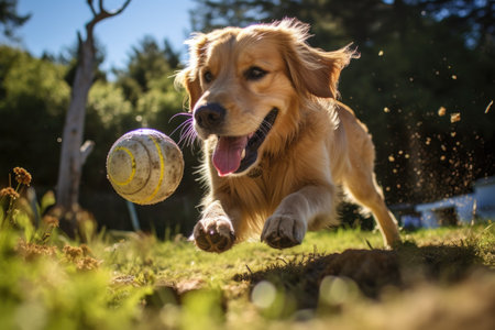 A vibrant photo capturing the exhilarating moment as a lively dog dashes with a ball clutched tightly in its mouth, Golden Retriever dog engaged in play with a ball in the garden, AI Generatedの素材