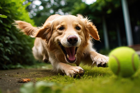 A lively dog sprinting enthusiastically towards a tennis ball lying on the ground, Golden Retriever dog engaged in play with a ball in the garden, AI Generatedの素材