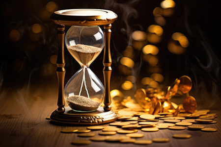 An hourglass placed on a stack of gold coins, representing the intertwining concepts of time and wealth, Golden coins and hour glass sand clock, AI Generatedの素材