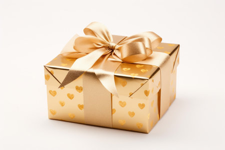 Gold Gift Box With Bow and Hearts - Luxurious Present Packaging for Celebrations and Special Occasions, Gold embossed Valentine's Day gift box with satin ribbon, AI Generatedの素材
