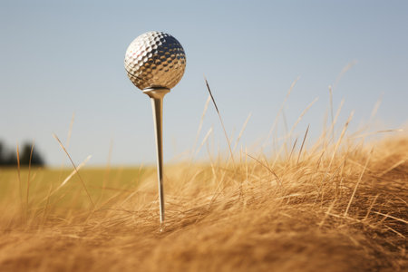 A golf ball stuck in a tee on a sunny day in an open field, golf tee, AI Generatedの素材