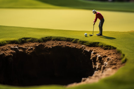 A skilled man gracefully sinks a golf ball into a hole on a green golf course, golf player putting golf ball into hole, AI Generatedの素材