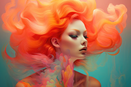 A captivating painting of a woman with radiant orange hair, Gradual transition of one bold color into another, creating a dreamy blend, AI Generatedの素材