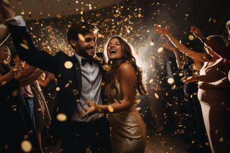 A couple addressing a large audience while standing amidst a diverse group of individuals, Gorgeous bride and stylish groom dancing under golden confetti at wedding reception, AI Generatedの素材