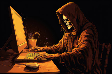 A skeleton sits at a desk, typing on a computer keyboard, Grim reaper on the computer, AI Generatedの素材