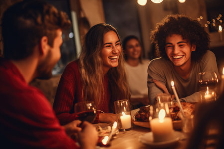 A diverse group of individuals gathered together, seated around a table adorned with flickering candles, Group of emotional young people enjoying dinner party with friends, AI Generatedの素材