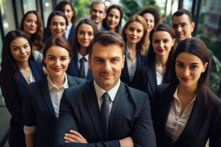 A diverse group of professionals gathered together for a photograph during a corporate gathering, group of happy business man and business women, dressed in suits are smiling, AI Generatedの素材