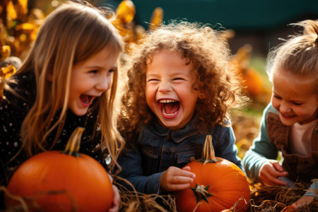 Three happy girls hold pumpkins as they laugh together, group of happy kids gleefully pick pumpkins from a patch, AI Generatedの素材