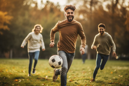 A diverse group of men and women passionately playing a game of soccer on a green field, Group of friends playing football in the park, AI Generatedの素材