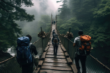 A group of people walking across a suspension bridge against a scenic backdrop, Group of trekkers cross the bridge, AI Generatedの素材