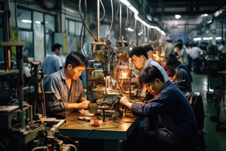 A team of workers collaboratively operating various machines in a busy factory, Group of workers at small parts manufacturing factory in China, AI Generatedの素材