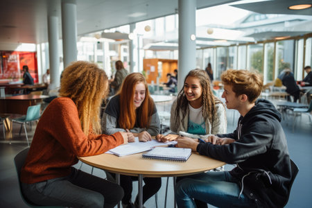 A diverse group of young individuals engaged in a conversation while seated at a table, group of students talking and writing at school, AI Generatedの素材