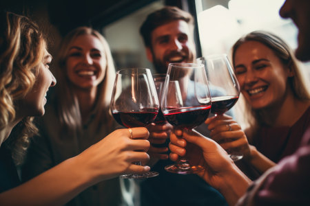 A joyful gathering as a diverse group of individuals toast to a special occasion with wine glasses raised, Group of young adult best friends having fun toasting a red wine glasses, AI Generatedの素材