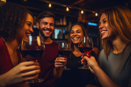 A diverse group of individuals enjoying each others company while holding glasses of wine, Group of young adult best friends having fun toasting a red wine glasses, AI Generatedの素材
