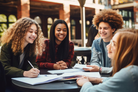 A diverse group of young women sitting together, engaged in a thoughtful conversation and sharing ideas, group of students talking and writing at school, AI Generatedの素材