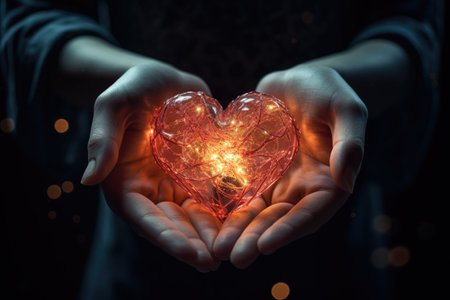 A photo of a persons hands holding a heart that is emitting a warm glow, symbolizing love and compassion, Hand holding a glowing heart in the darkness, AI Generatedの素材