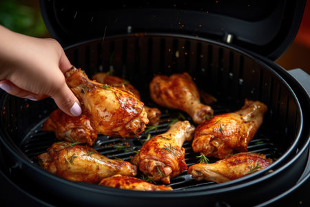 A person carefully adds a piece of chicken onto a sizzling grill, preparing a mouthwatering outdoor feast, Hand Grilling Chicken Drumsticks In An Airfryer, AI Generatedの素材