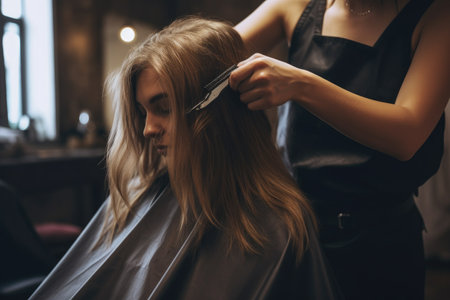A skilled woman stylist expertly cuts another womans hair in a professional salon, Hairdresser cutting the hair of a young woman in a beauty salon, AI Generatedの素材