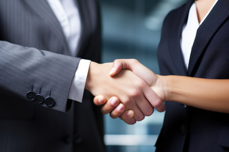 A professional close-up shot of two individuals shaking hands to seal a deal, Handshake with a happy, confident and excited business woman, AI Generatedの素材