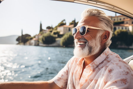 An older man enjoying a peaceful moment on a boat, wearing sunglasses and basking in the serenity of the water, Happy bearded senior man enjoying summer road trip in Italy, AI Generatedの素材