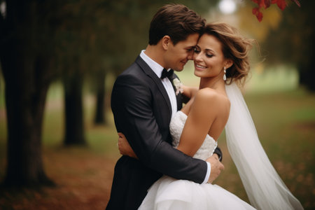 A lovely bride and groom share a tender embrace in a picturesque park setting for their wedding celebration, Happy and beautiful bride and groom gently cuddle in the park, AI Generatedの素材