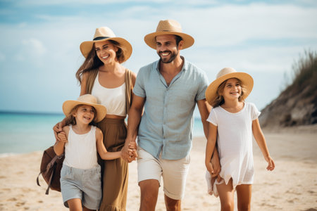 Family Walking on Beach, A Man, Woman, and Child Enjoying a Leisurely Stroll by the Sea, Happy big family, vacation and beach walk for quality bonding time together in the outdoors, AI Generatedの素材