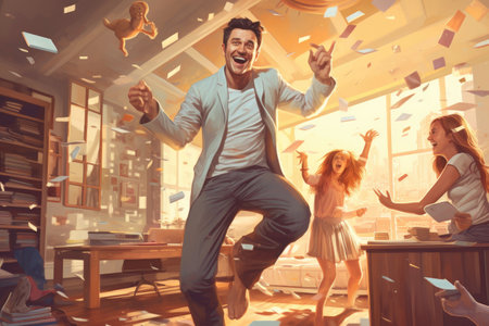 A man energetically dances alongside a lively crowd in a room filled with people, Happy family having fun time at home, AI Generatedの素材