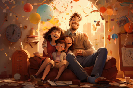 A joyful family enjoys their time together as they relax on a couch surrounded by colorful balloons, Happy family having fun times at home, AI Generatedの素材