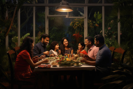 A group of individuals sitting together at a table enjoying a meal, Happy Extended Indian Family Eating Dinner Together in a Fancy House Garden at Night, AI Generatedの素材