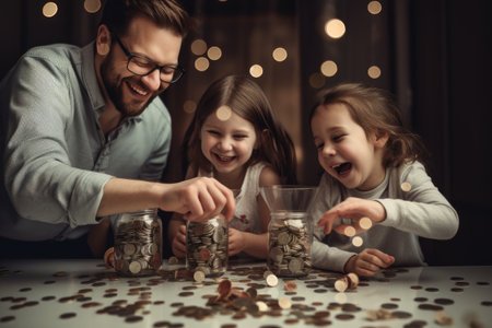 A man and two little girls are putting coins into a glass, Happy family saving money together, AI Generatedの素材