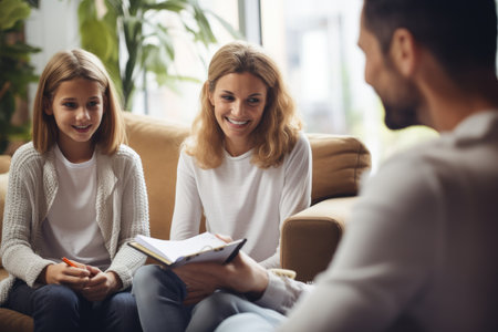 A woman peacefully sits on a couch next to a little girl, engrossed in a heartwarming conversation, happy family sitting on therapy session by female counselor writing, AI Generatedの素材