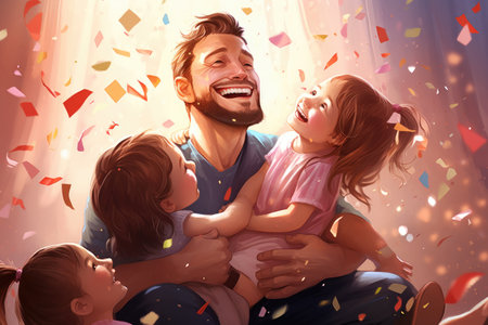 A colorful painting depicting a man embracing a child while they stand among a shower of confetti, Happy father getting congratulations from kids, AI Generatedの素材