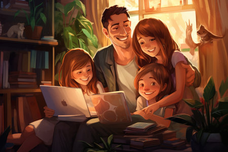 A man and two girls are focused on a laptop screen, engaged in an activity, Happy family with kids sit on couch using laptop, AI Generatedの素材