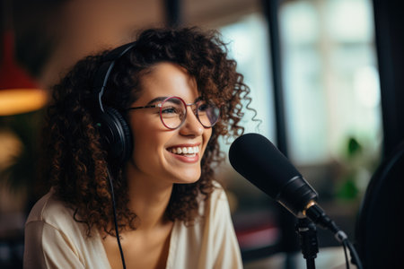 A woman sits in front of a microphone, wearing headphones, Happy girl host record podcast use microphone wear headphone interview, AI Generatedの素材