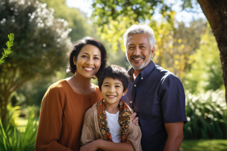 A candid family portrait capturing a man, woman, and child posing naturally together, Happy intercultural family of three generations sitting on green lawn in natural environment, AI Generatedの素材