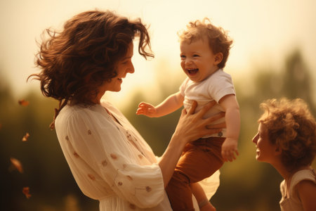 A woman lovingly holds her baby up to her face, creating a tender and heartwarming moment, happy harmonious family outdoors, mother throws baby up, AI Generatedの素材