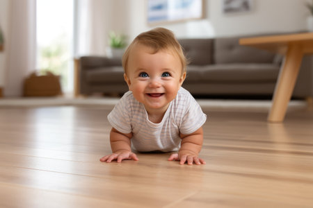 An adorable baby exploring the living room by crawling on the floor, happy little baby begins to crawl on the floor at home, AI Generatedの素材
