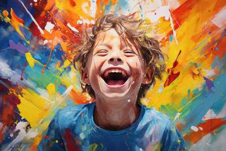 A painting capturing a young boys pure delight as he finds himself in a moment of uncontrollable laughter, Happy laughing boy smeared in colourful paint, AI Generatedの素材