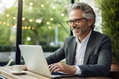 A man sitting at a table focused on his laptop computer, happy mature business man looking at laptop computer, AI Generatedの素材