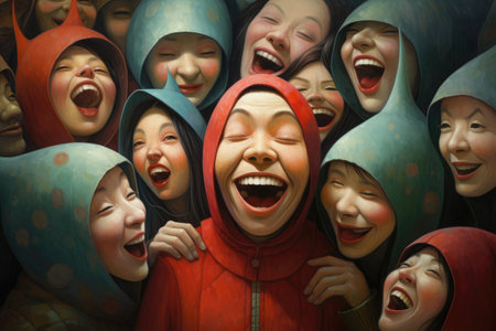 A painting featuring a lively group of individuals engaged in laughter, capturing the essence of a joyful moment, Happy people, AI Generatedの素材