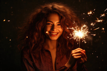 Woman Holding Sparkler in Hand, Festive Celebration and Joyous Expression Photo, Happy New Year, A stylish girl with a burning sparkler celebrating in a festive dark room, AI Generatedの素材
