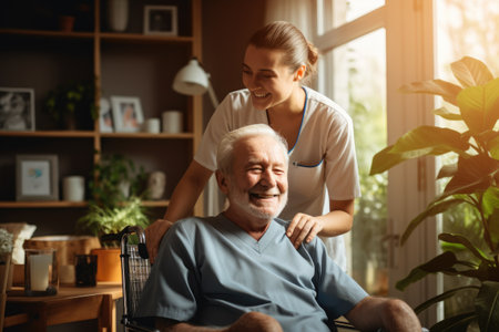 A woman kindly supports a man sitting in a wheelchair as they navigate through a daily task together, Happy nurse taking care of senior man sitting in armchair at home, AI Generatedの素材