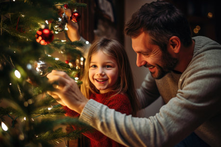 A man and a little girl happily decorate a Christmas tree, Happy parent helping their daughter decorate the house christmas tree, AI Generatedの素材