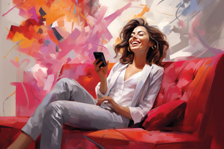 An artwork featuring a woman sitting on a red couch, Happy relaxed young woman sitting on couch using cell phone, AI Generatedの素材