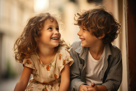 Two children, one boy and one girl, sitting side by side on a bench and engaged in conversation, Happy siblings smiling broadly while communicating, AI Generatedの素材