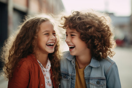 Two young girls burst into laughter while enjoying each others company on a bustling city street, Happy siblings smiling broadly while communicating, AI Generatedの素材