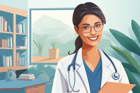 A medical professional in a white lab coat holds a clipboard for conducting patient assessments, Happy woman doctor on tablet for employees management, AI Generatedの素材