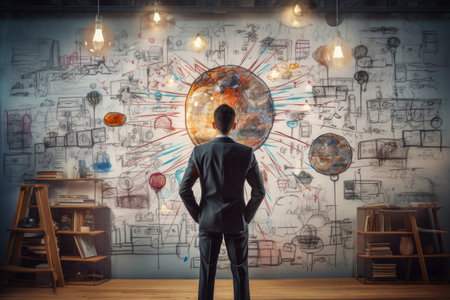 An image of a man standing in front of a wall covered in various drawings, head manager lead brainstorm ideas sharing standing concentrate make a decision for strategy, AI Generatedの素材